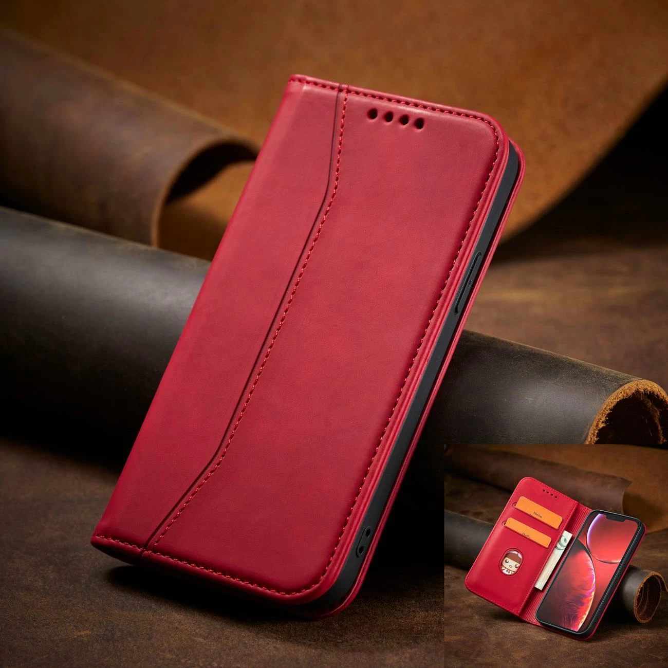 Mbështjellës Hurtel Magnet Fancy Case për iPhone 14 Pro Max, me portofol dhe mbajtëse, Kuq