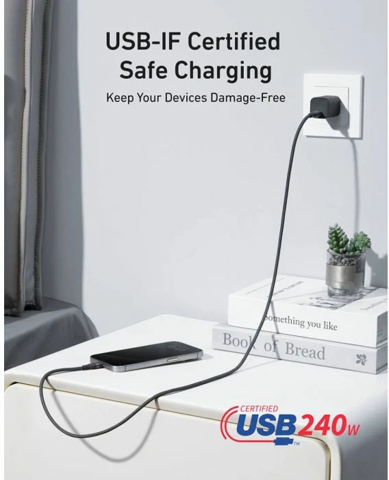 kabllo USB-C në USB-C ANKER A82E2H11 240W 0.9m e gërshetume, e zezë, me organizer silikoni