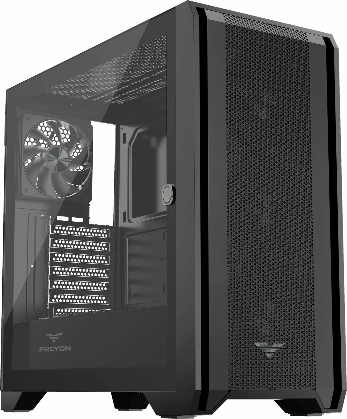 Kasë PREYON Nest Windy PRENW04B Midi Tower ATX/mATX/Mini-ITX, USB-C, tempered glass, 4x 120mm PWM fan, e zezë