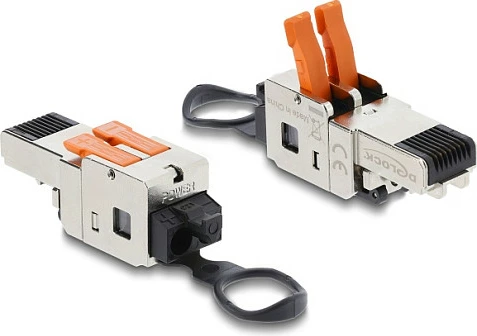 Konektor RJ45 DeLOCK clamp lock 2-pin +/- pa vegla, 125 V, 1.5 A, mashkull i drejtë, zi/inoks
