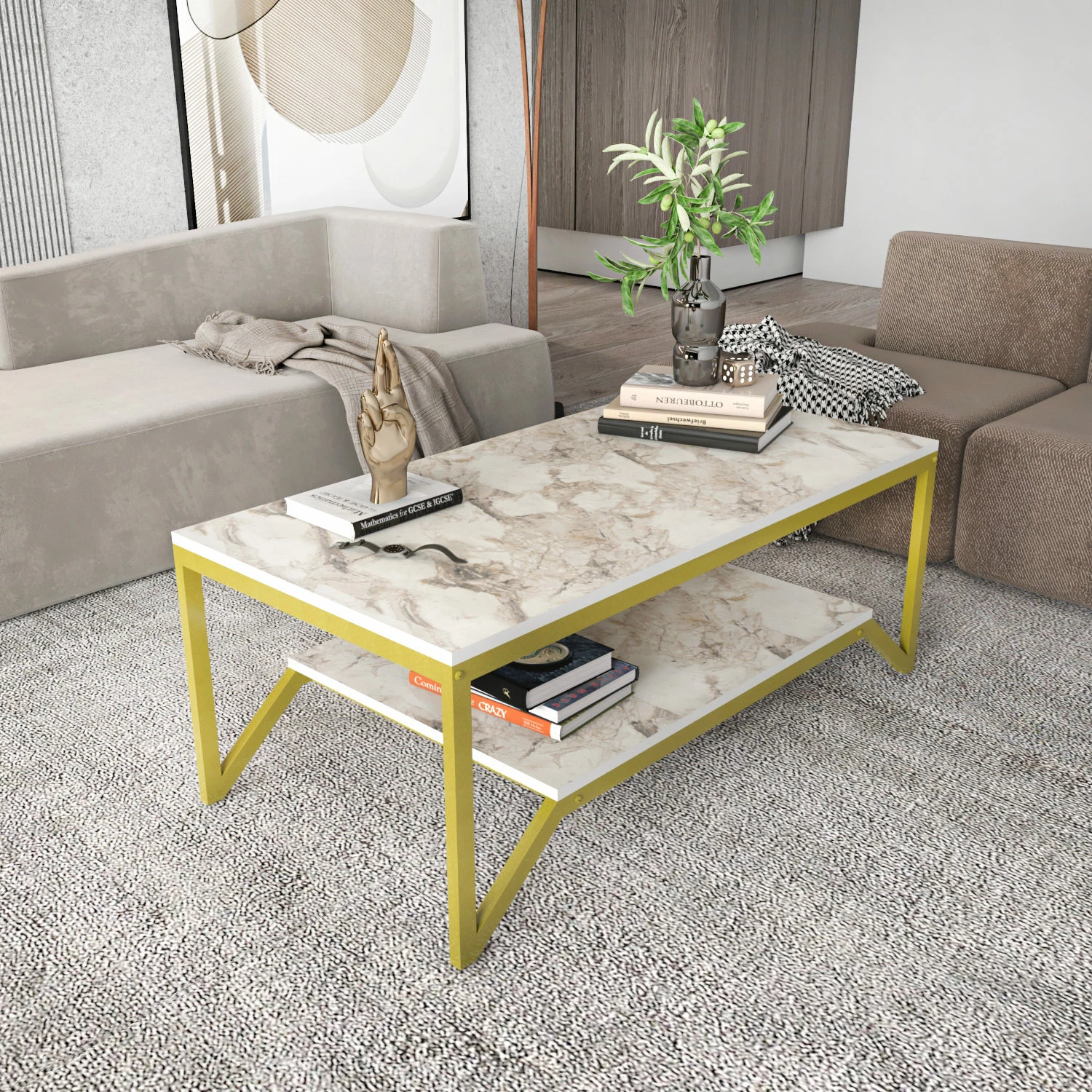 Tavolinë kafeje Hanah Home, Flora, ngjyrë ari dhe e bardhë