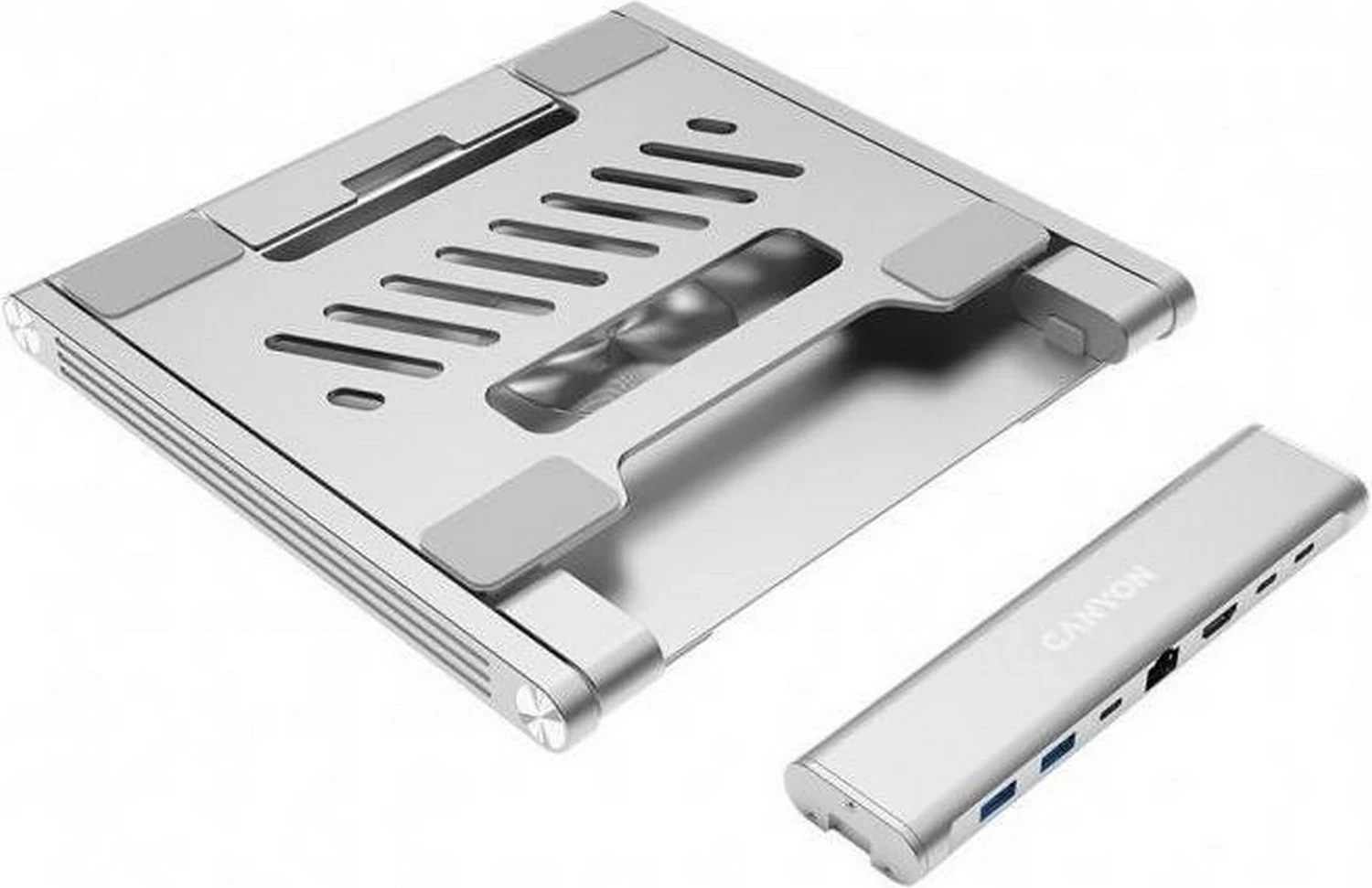 Kasë laptopi Canyon me hub HDMI, 2xUSB, RJ45, rregullim lartësie, argjendtë