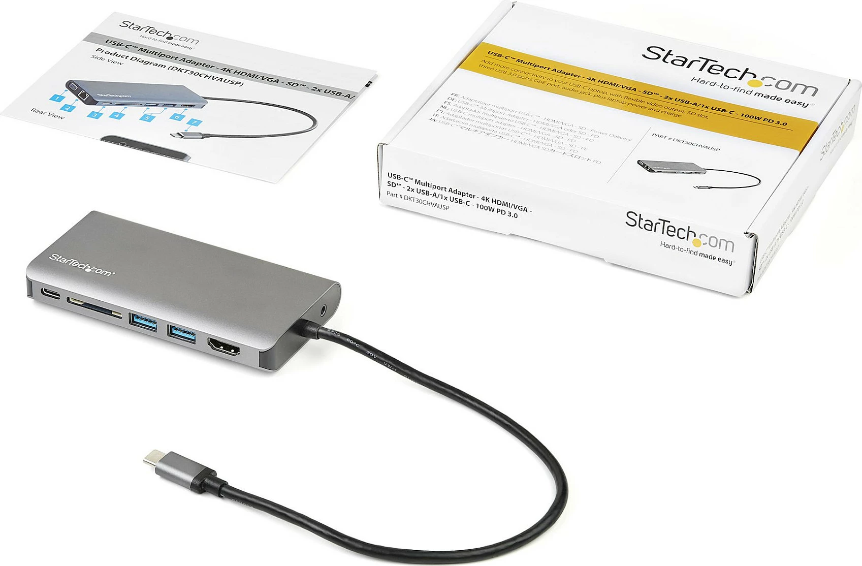 Adapter multiport USB-C StarTech DKT30CHVAUSP, mini docking me HDMI 4K, VGA, 100W PD, USB 3.0, LAN, SD, gri