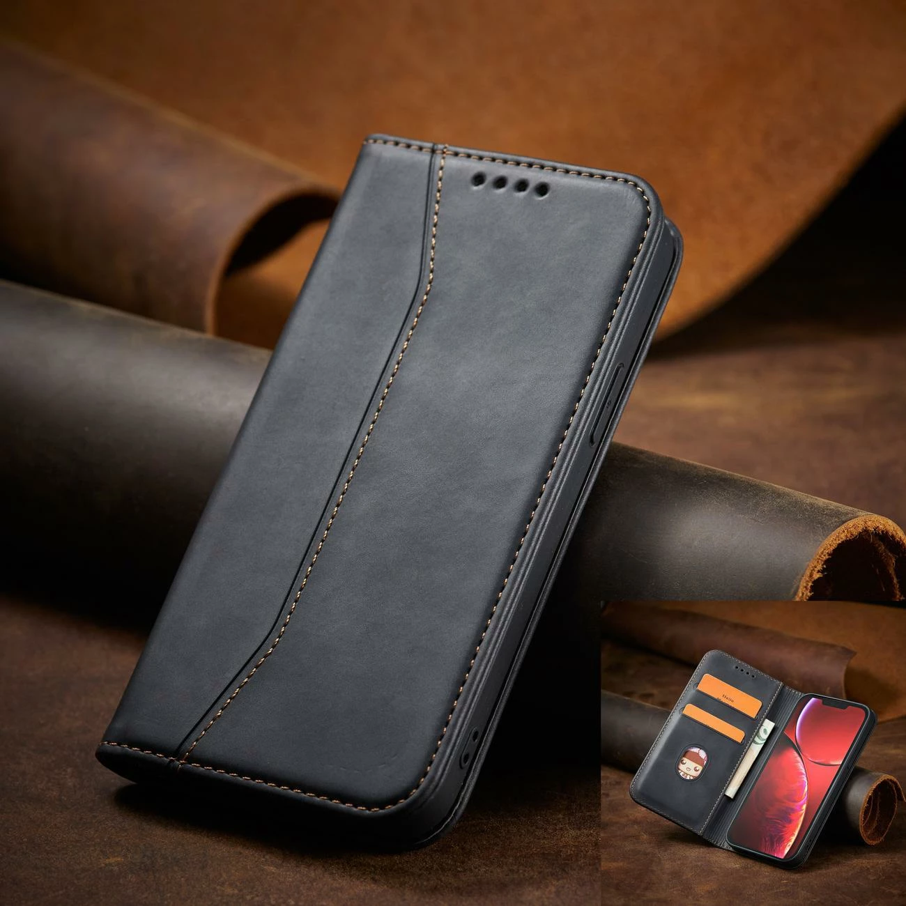 Mbështjellës Hurtel Magnet Fancy Case për iPhone 14 Pro Max, me kapak, portofol dhe qëndrim, e zezë