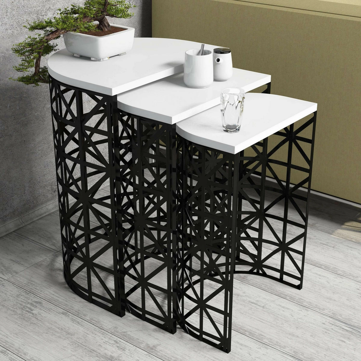 Set tavolinash ndihmëse (3 copë), Skye Decor, stil metal ferforje, e bardhë