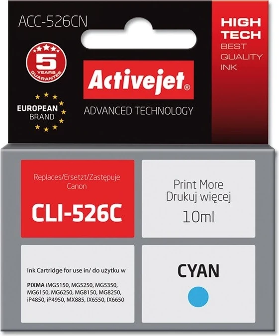 Ngjyrë zëvendësuese Activejet CLI-526C për printer Canon, 10ml, e kaltër