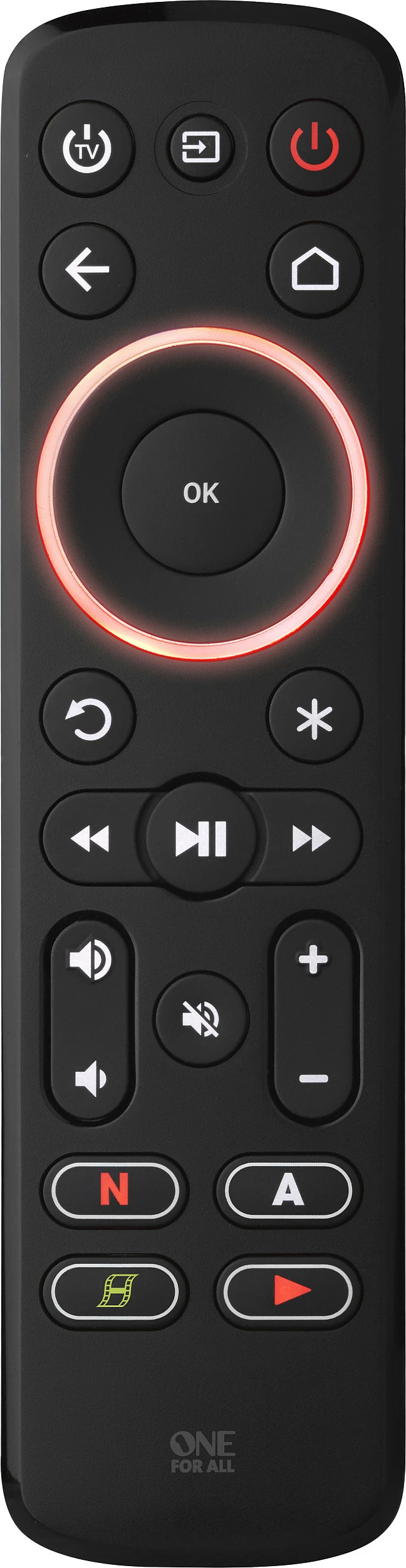 Telekomandë universale One for All Streamer, për TV/Streaming Box/Audio, me ndriçim, e zezë