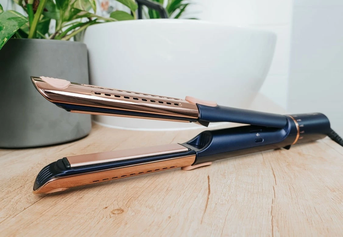 Drejtues flokësh, Concept, VZ8100, CoolAir, 140–220°C, pllaka qeramike, kabllo 2.5 m, blu navy/rozë gold, me kapak rezistent nxehtësisë dhe çantë