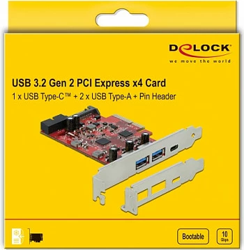 Kartë PCIe DeLOCK, USB 3.2 Gen2, 1x USB-C + 3x USB-A, PCIe 3.0 x4