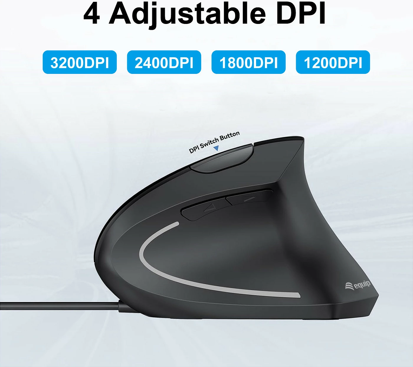 Maus vertikal me kabllo EQUIP 245118, USB-A, optik, 3200 DPI, djathtas, i zi me dritë blu