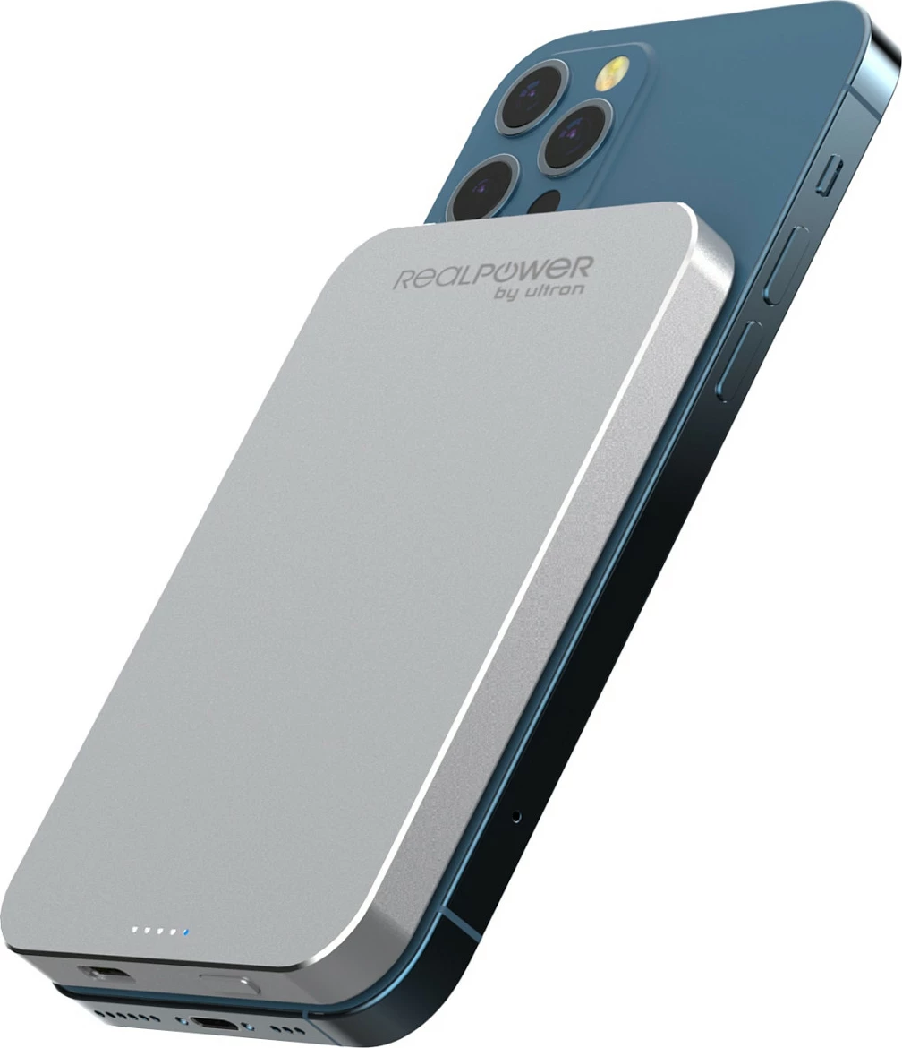 Powerbank RealPower PB-5000 Mag, 5000 mAh, karikim pa kabllo 15 W, MagSafe kompatibil, Silver