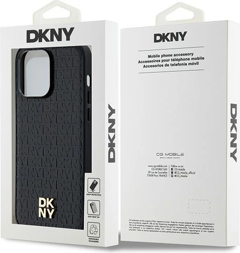 Mbështjellës DKNY Leather Pattern Metal Logo MagSafe për iPhone 14 Pro, i zi