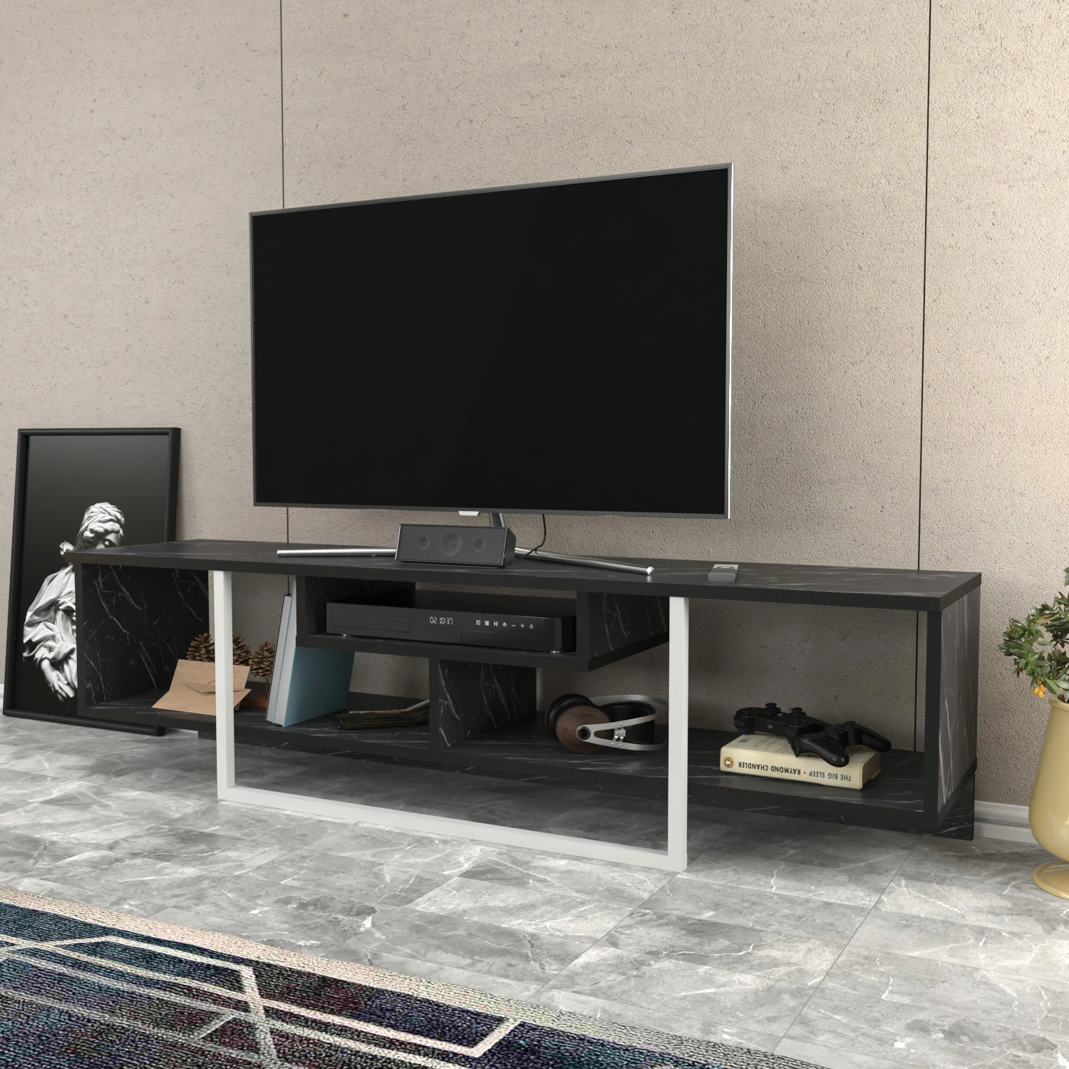 Komodë TV Skye Decor, Asal 150, e zezë dhe e bardhë