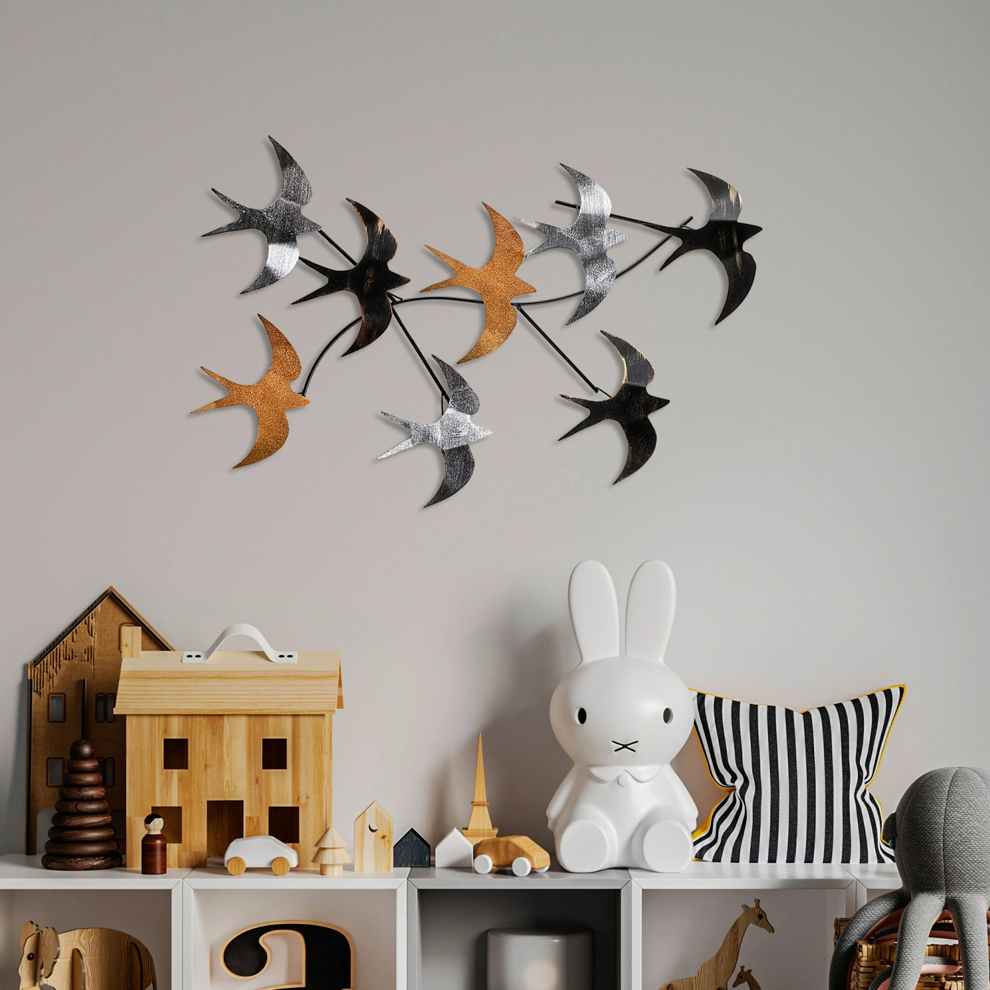 Aksesor dekorativ metalik për mur, Flying Birds 2, shumëngjyrësh, 69x41x7cm