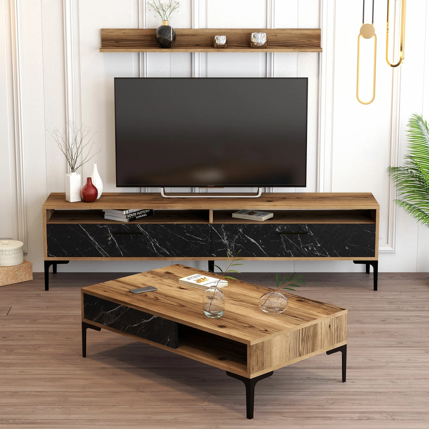 Set mobiljesh për dhomë dite Skye Decor, Istanbul, ngjyrë arre, mermer i zi