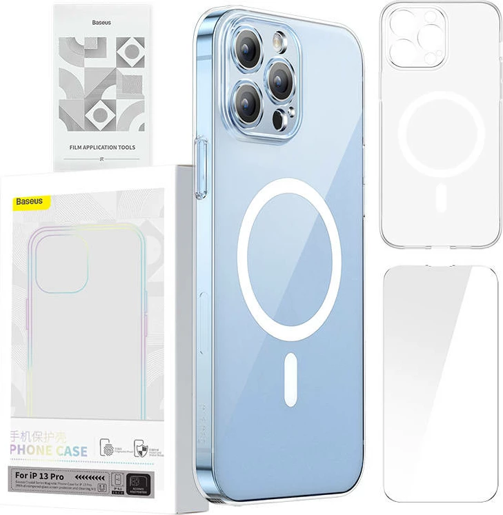 Mbështjellës Baseus Magnetic Crystal Clear për iPhone 13 Pro, transparent, me xham të fortë dhe set pastrimi