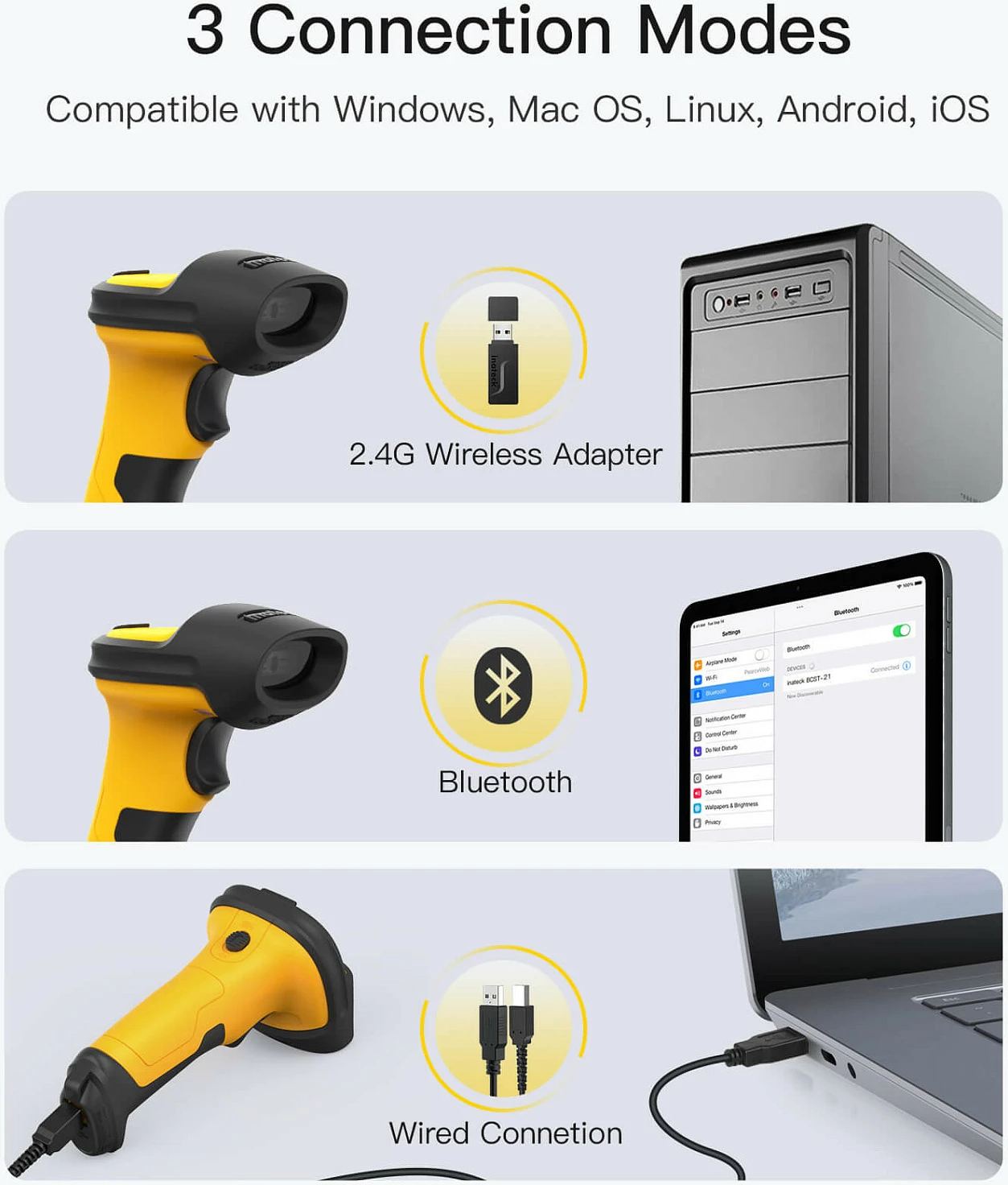 Skaner barkodi Inateck P6-AI, 1D lazer, Bluetooth/2.4G/USB, bateri 2600mAh, zi/verdhe
