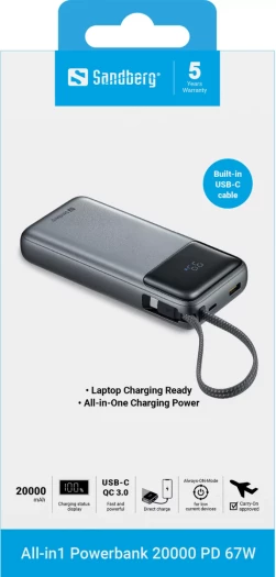 Powerbank Sandberg All-in1 20000mAh PD 67W me kabllo USB-C të integruar, gri
