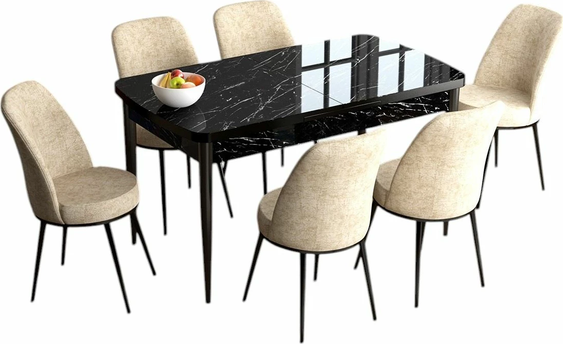 Tavolinë me karrige për ngrënie, e zgjatshme, 7 copë, Skye Decor, Han, mermer i zi, krem