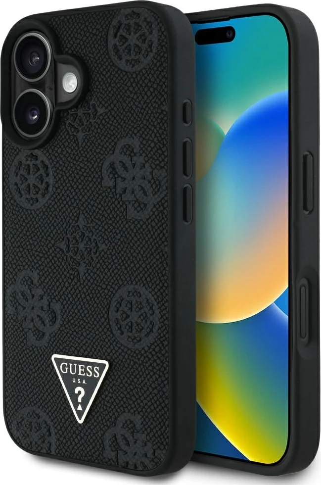 Mbështjellës Guess Grained Hot Stamp Peony Triangle Logo MagSafe për iPhone 16, i zi