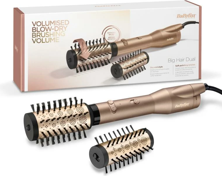 Furçë rrotulluese me ajër të ngrohtë për flokë, BaByliss AS952E, teknologji jonike, veshje qeramike, 2 koka të ndërrueshme, gold