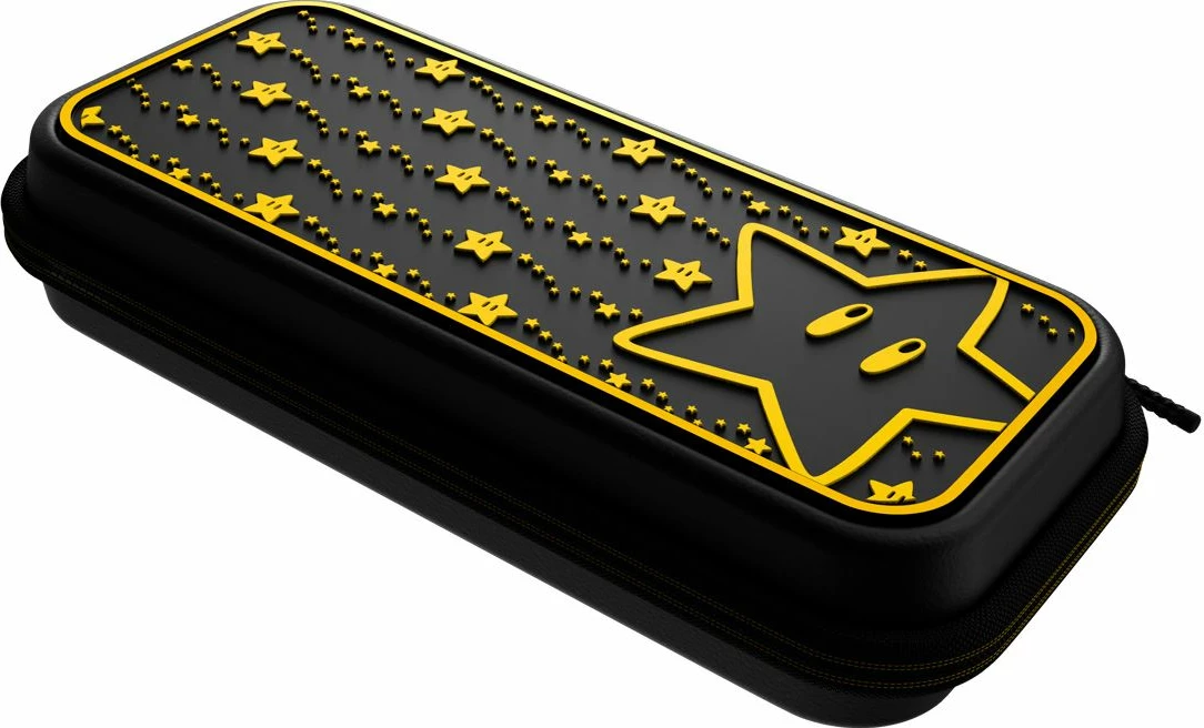 Kasë udhëtimi PDP Switch Travel Case Plus Super Star Glow in the Dark, kompatibile me Nintendo Switch/Lite/OLED, e zezë me të verdhë