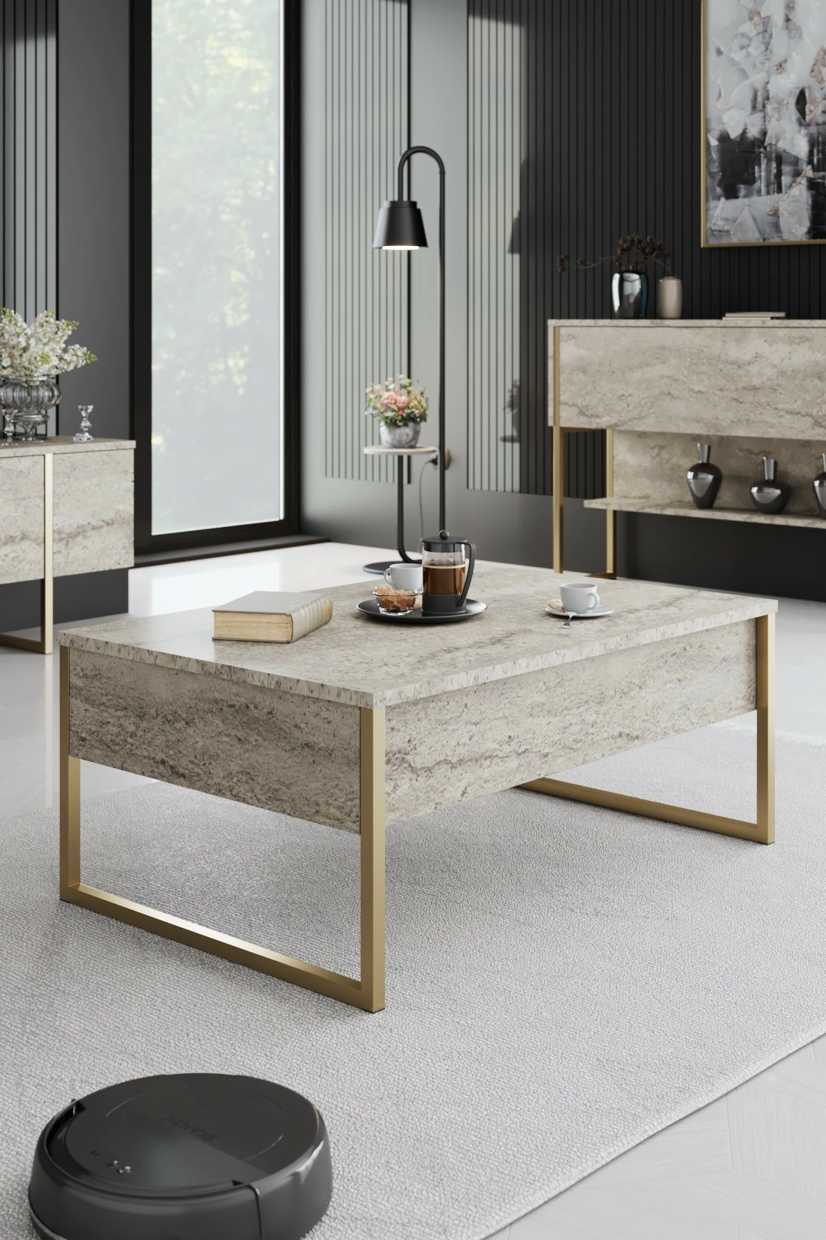 Tavolinë kafeje Hanah Home, Luxe, travertin, ar