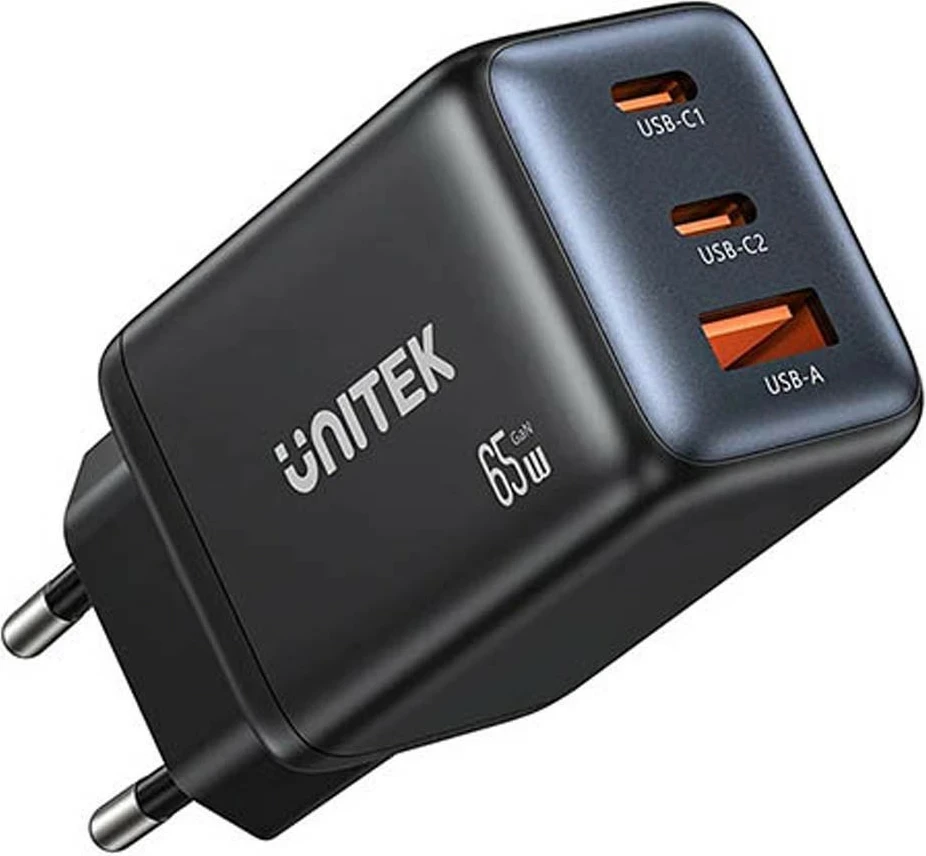 Karikues rrjeti Unitek GaN 65W, 2xUSB-C, USB-A, PD 3.0, i zi