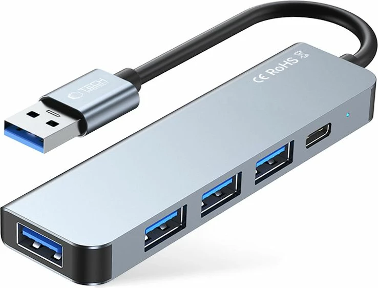HUB Tech-Protect V0 5in1, USB-A në 3x USB-A 2.0, USB-A 3.0, USB-C, Gri