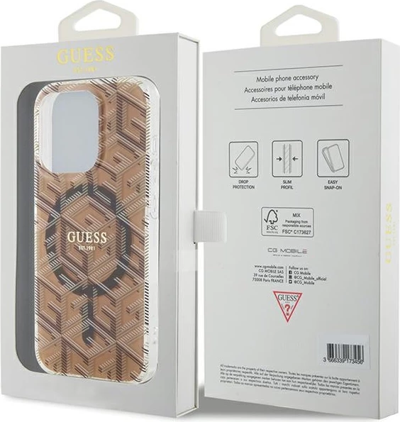 Mbështjellës Guess IML GCube MagSafe për iPhone 15 Pro, kafe