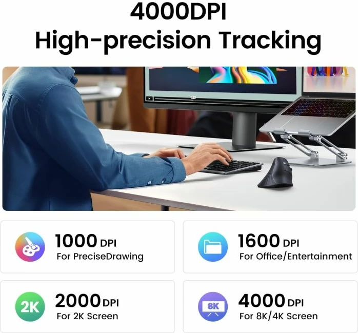 Maus vertikal pa tela UGREEN 25444, Bluetooth 5.0 + 2.4GHz, DPI 1000-4000, i zi