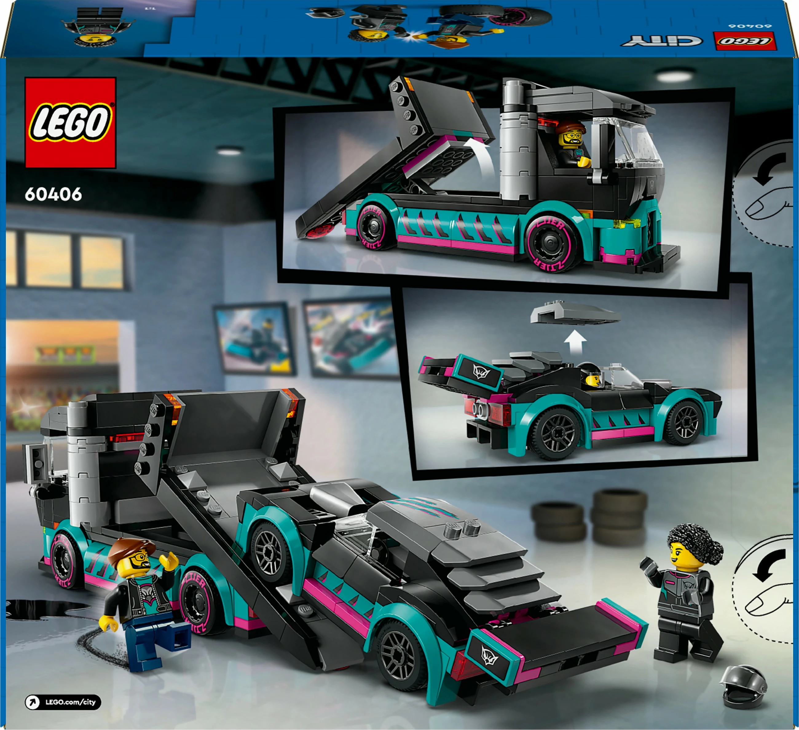 Set ndërtimi LEGO City 60406, autotransporter me makinë gare, 328 pjesë, shumëngjyrësh