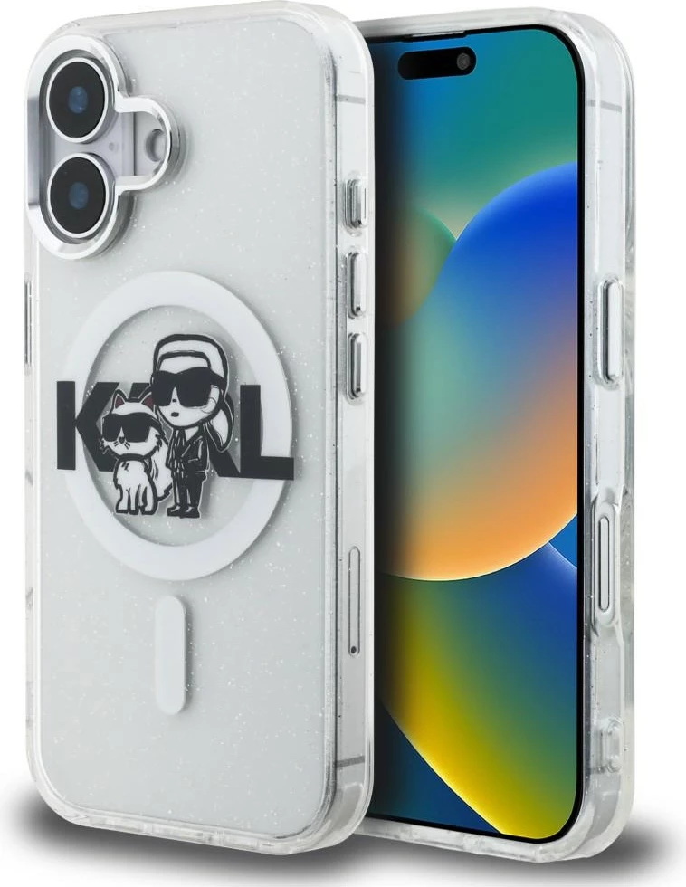 Mbështjellës MagSafe Karl Lagerfeld IML Glitter Karl & Choupette Sketch Logo për iPhone 16, transparent