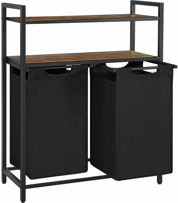 Kosh rrobash VASAGLE BLH211B01, 2 ndarje (2 shporta 2x46 L), me 2 rafte, 73x33x91 cm, kafe rustike/zi