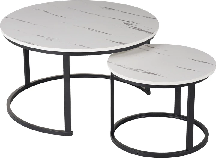 Set tavolina kafeje Solme I, 2 copë, ngjyrë mermeri të bardhë, këmbë metalike të zeza