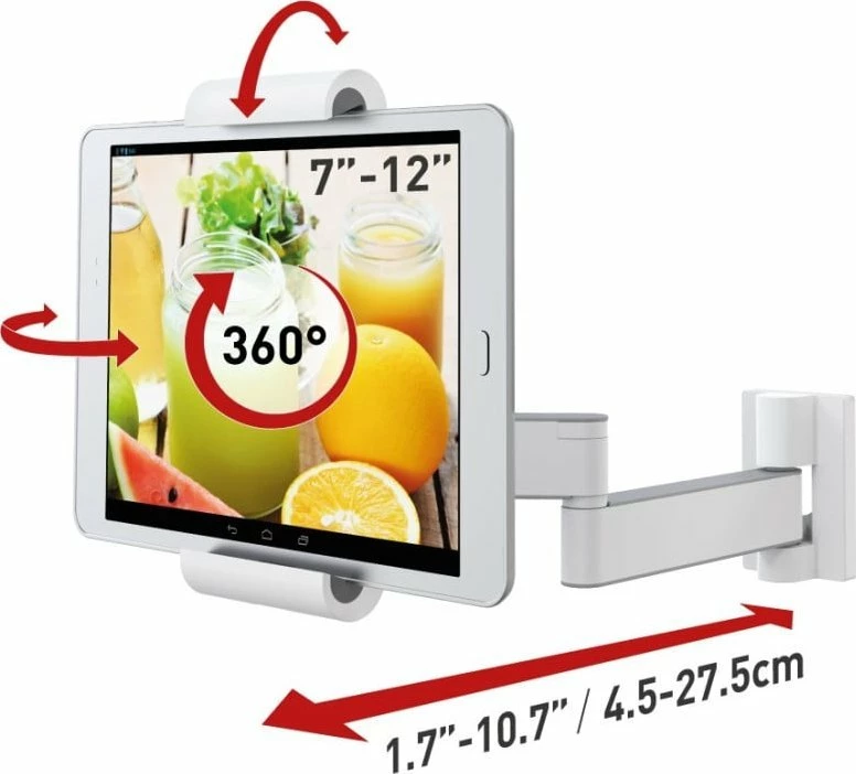 Mbajtës tableti Barkan 7-12\", montim në mur/nën dollap, rrotullues 360°, i rregullueshëm, i bardhë