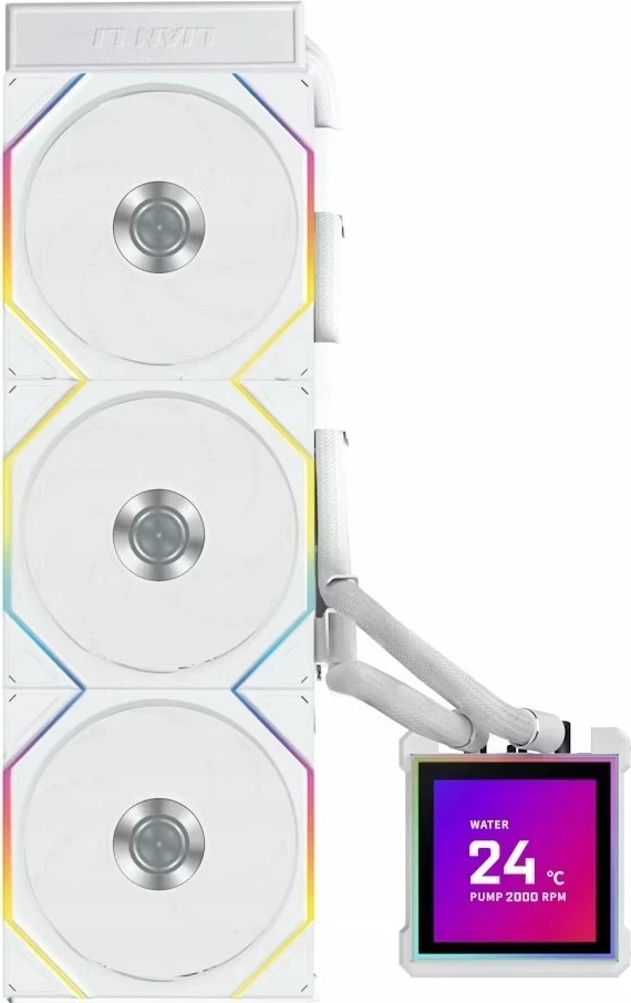 Ftohës me ujë AIO Lian Li HydroShift II LCD-S 360TL (GHS2LCDS36TW) 360mm, ARGB, LCD 2.8", e bardhë, set me 3 ventilatorë