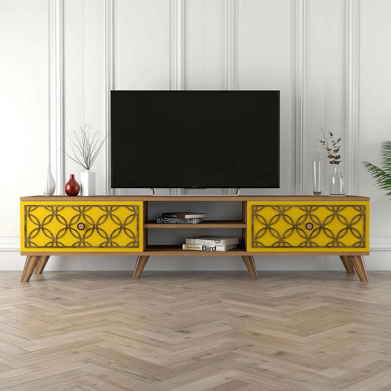 Komodë TV Hanah Home, Class, ngjyrë arre dhe e verdhë