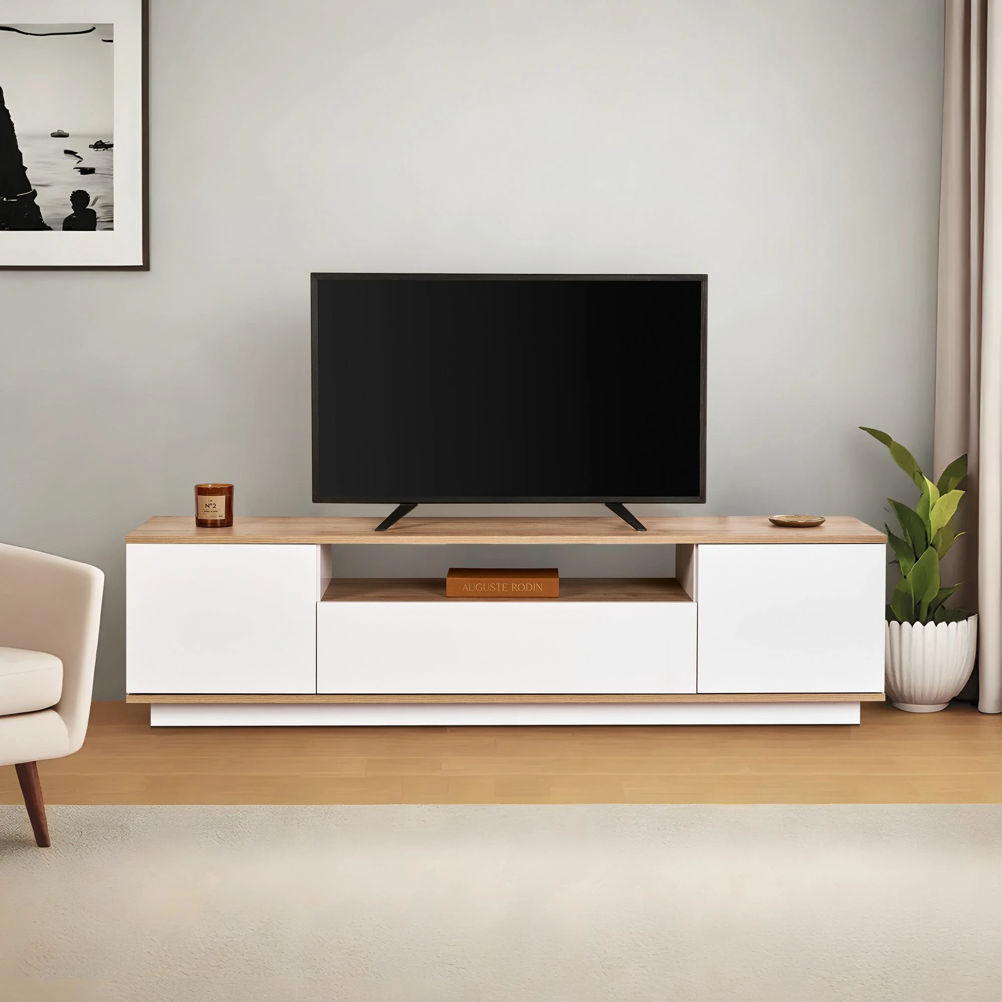 Komodë TV Skye Decor, Veramont, e bardhë, lisi Cadiz