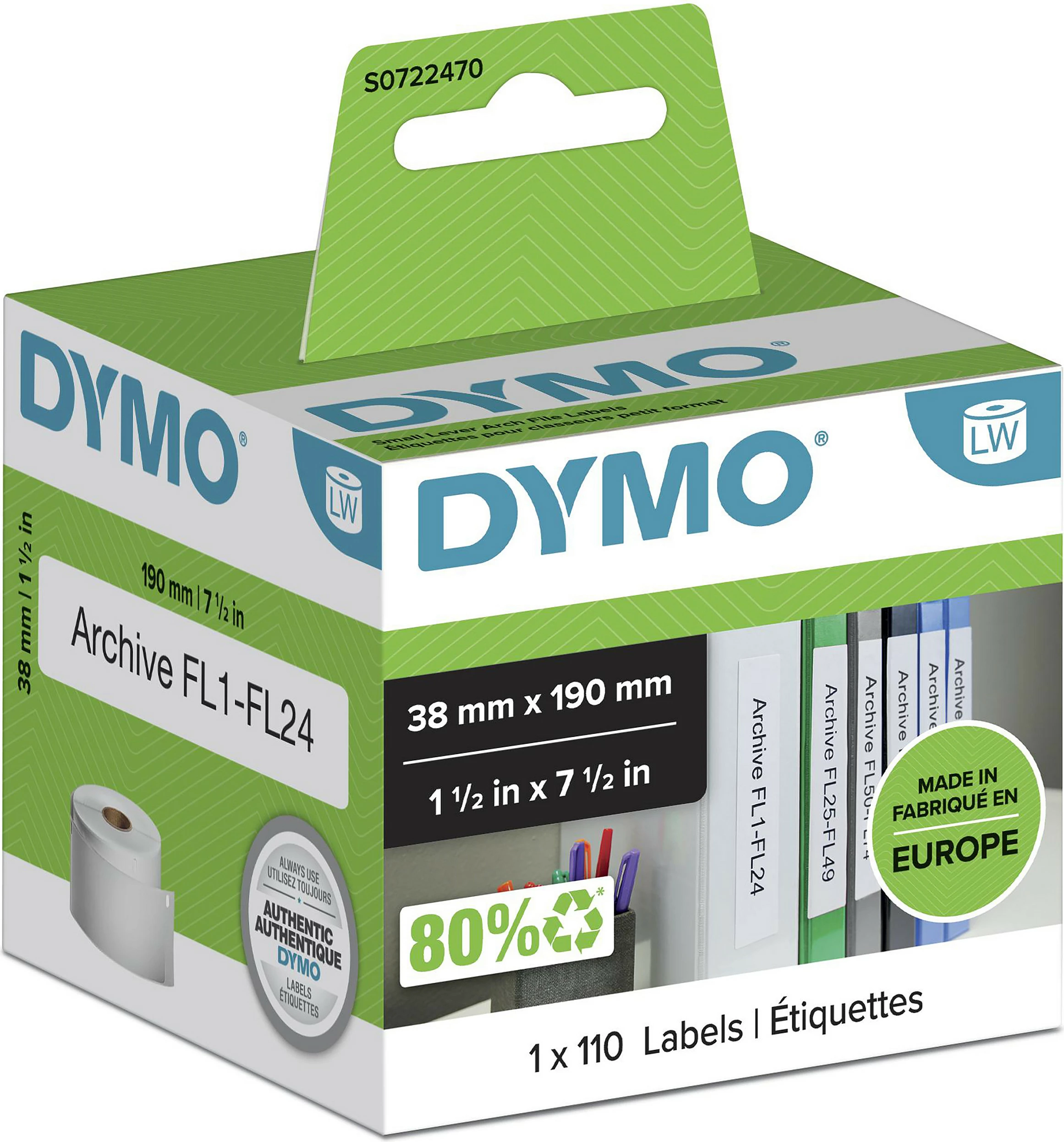 Etiketa për ordner Dymo 99018, 38 x 190 mm, 110 copë, të bardha