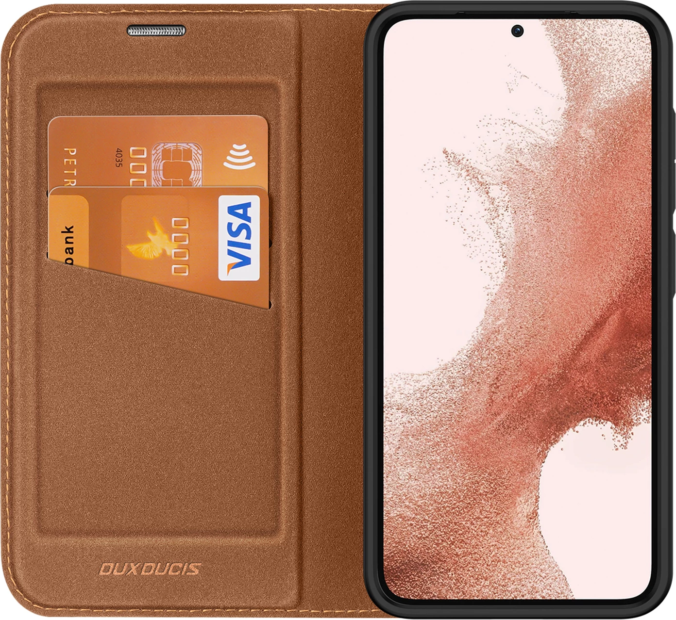 Mbështjellës Dux Ducis Skin X2 për Samsung Galaxy S23+, me kapak, portofol dhe qëndrim, Kafe