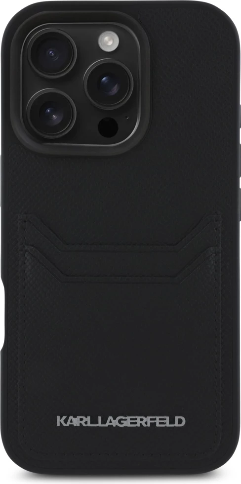 Mbështjellës Karl Lagerfeld HC Grained PU Cardslot Metal Elong për iPhone 16 Pro Max, e zezë
