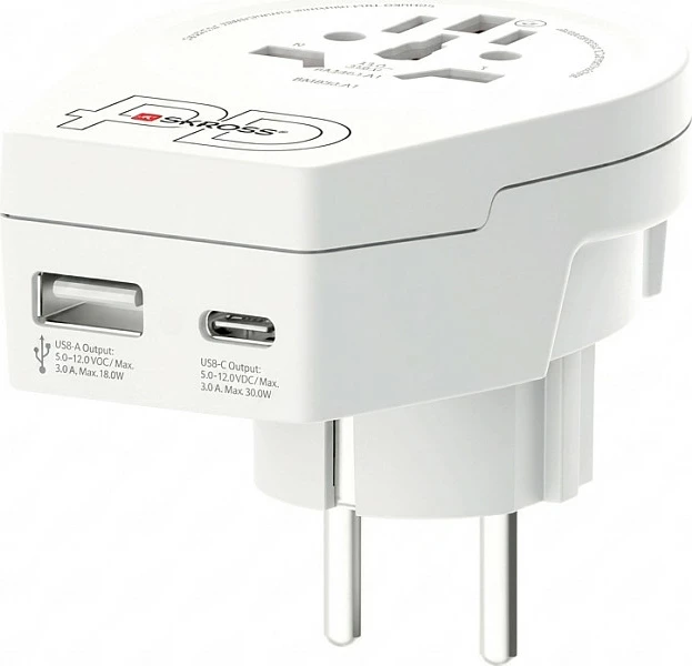 Adapter udhëtimi SKROSS World to EU AC20PD, USB-C PD 30W + USB-A 18W, i bardhë