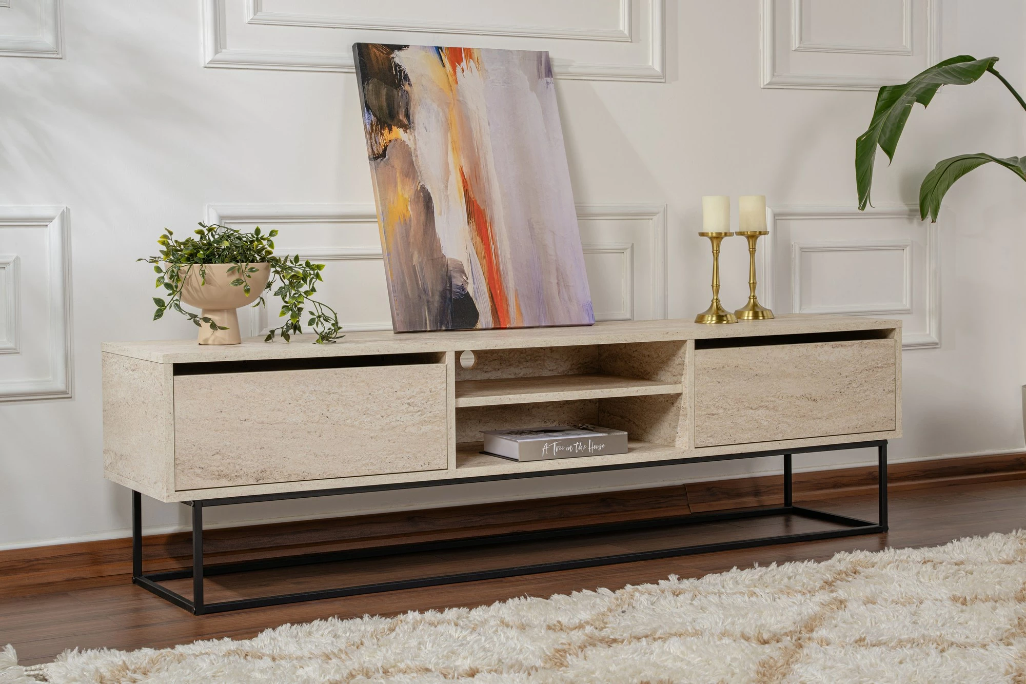 Komodë TV Hanah Home Escape 180, ngjyrë e zezë, travertin