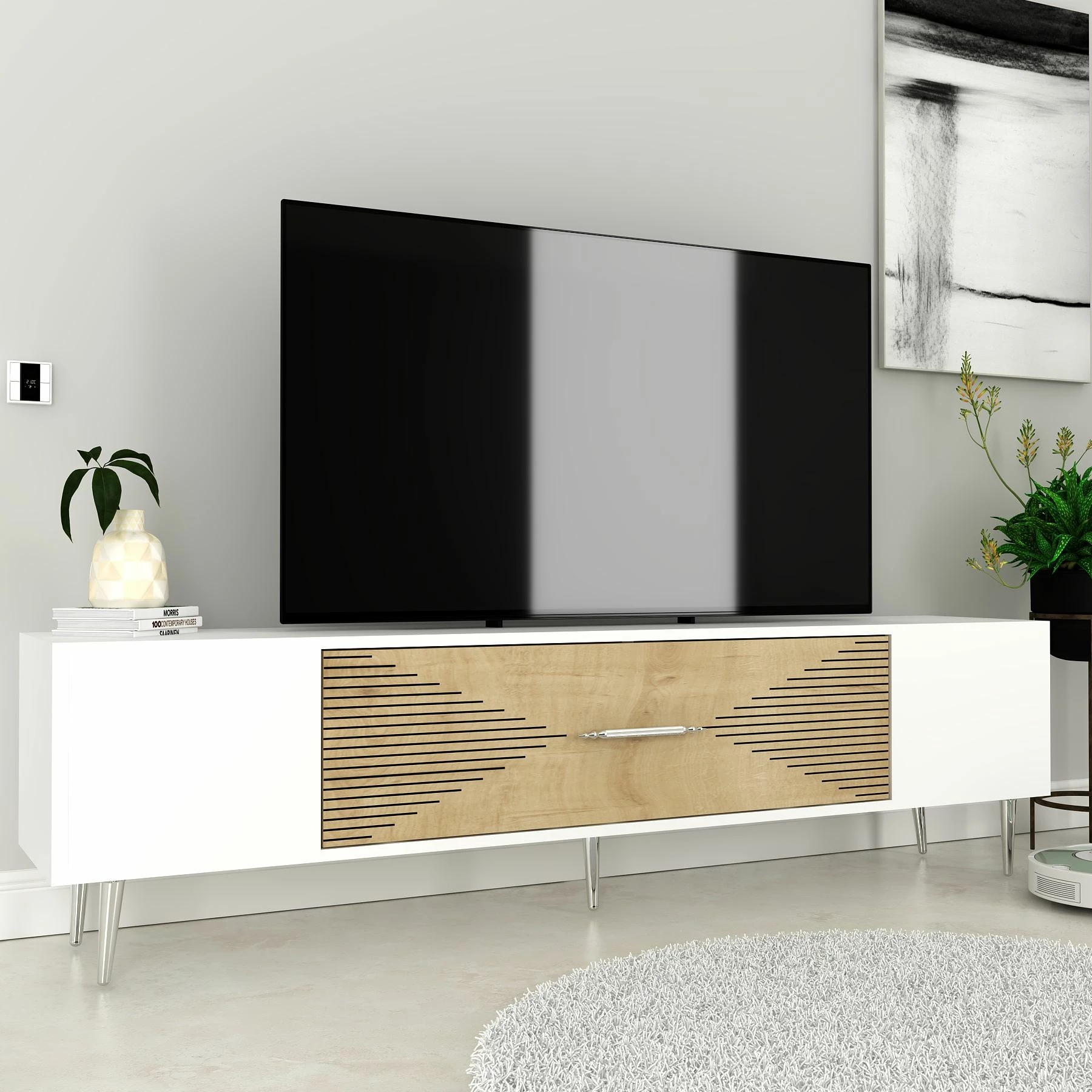 Komodë TV Skye Decor, Dekol1, e bardhë, lis safir, argjend