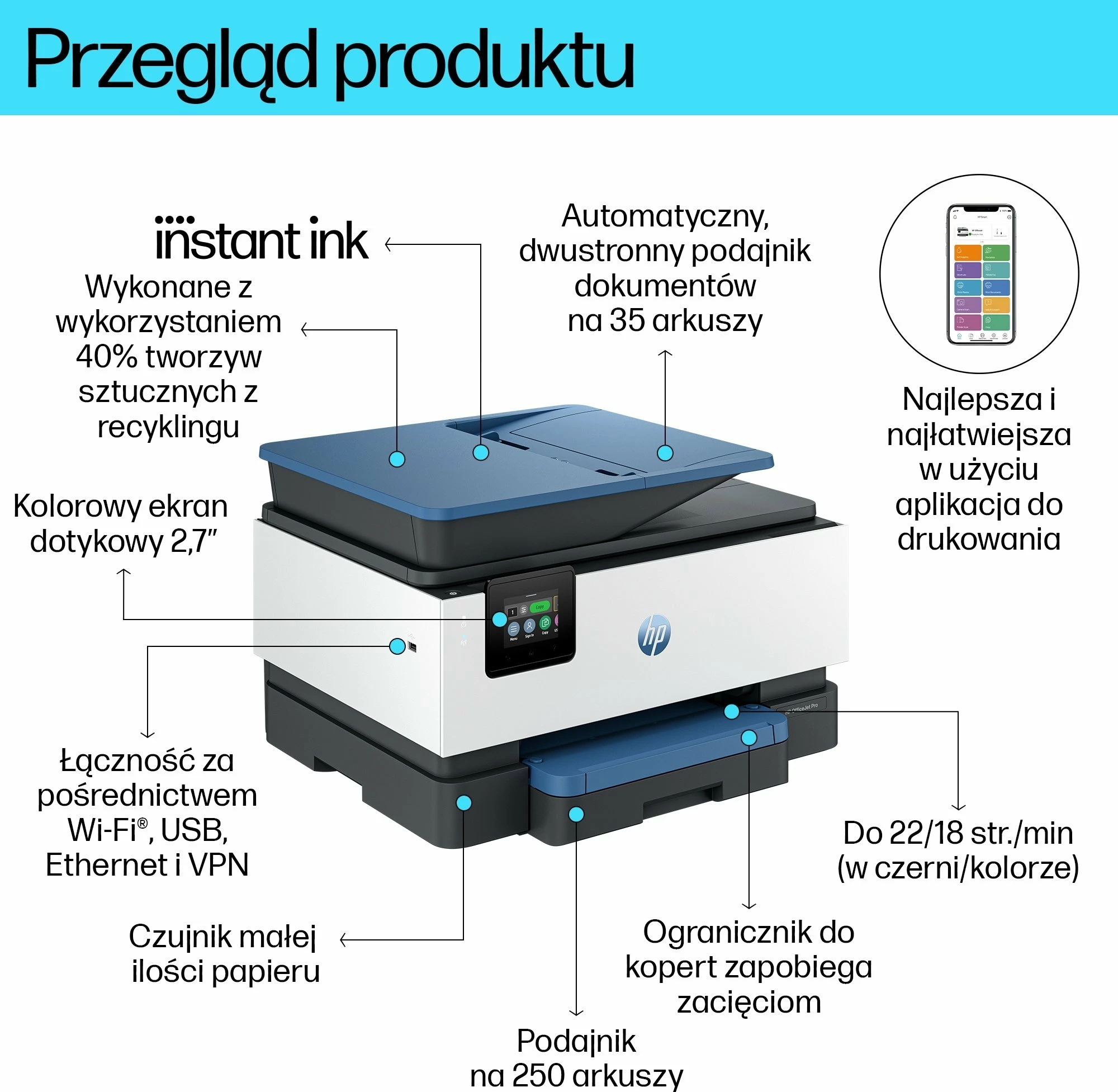 Printer multifunksional inkjet HP OfficeJet Pro 9125e (403X5B), A4, Wi‑Fi/Ethernet/USB, duplex print/scan, ADF, 512 MB, bardhë/gri