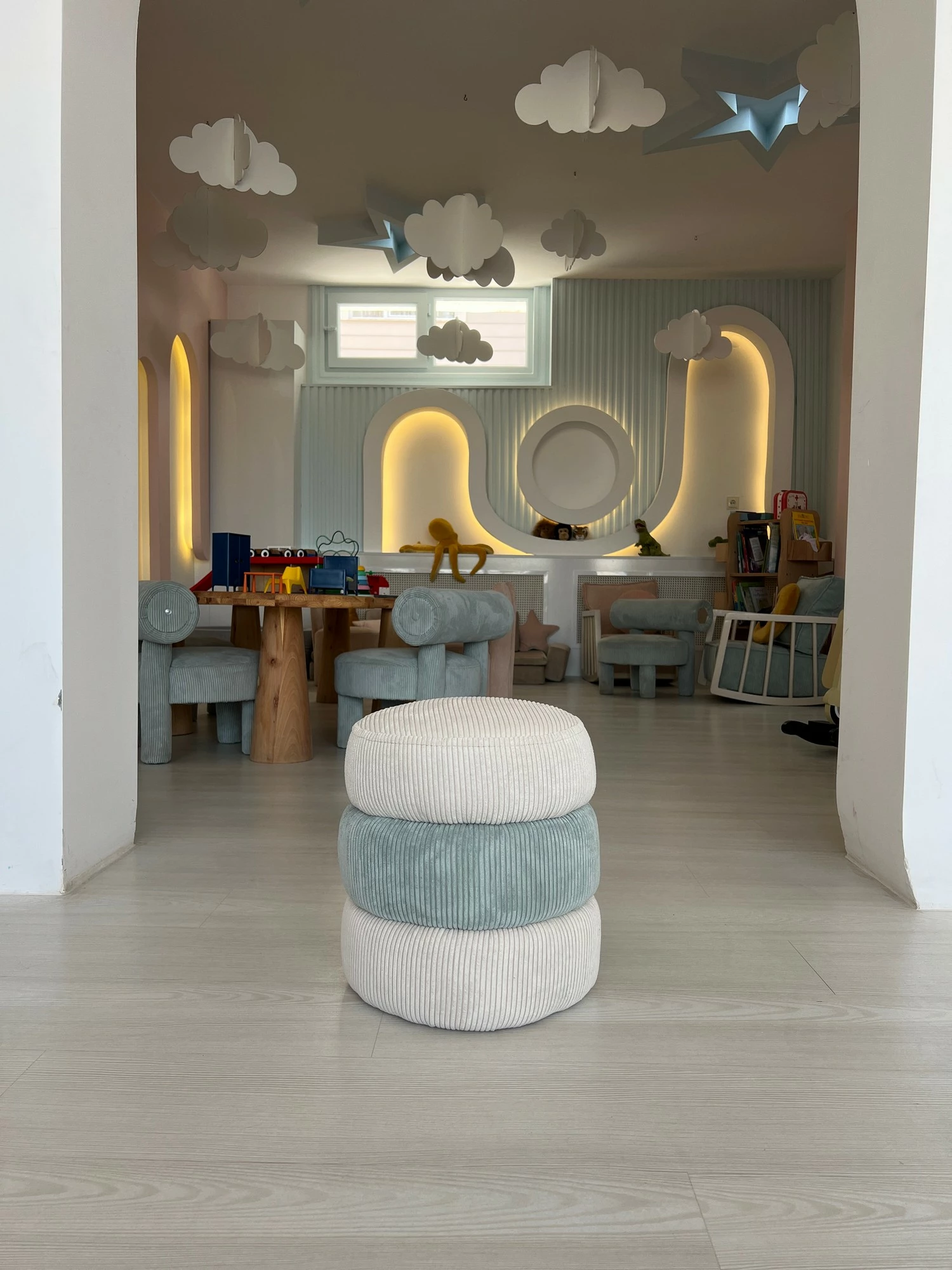 Puf Atelier del Sofa, Miniboum, ngjyrë kaltër-bardhë
