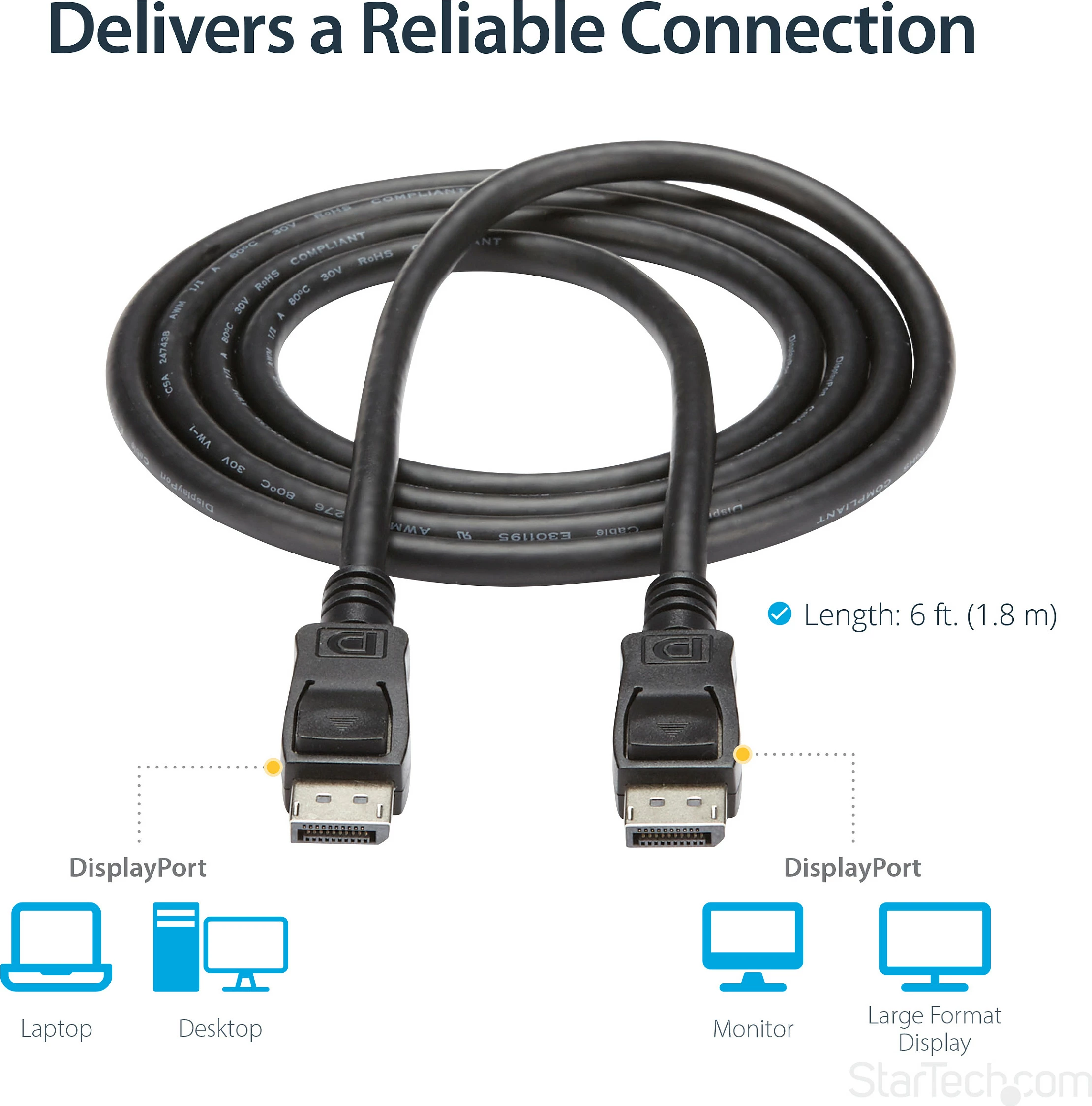 Kabllo DisplayPort StarTech DISPLPORT6L, DP 1.2, 1.8 m, 4K@60Hz, e zezë