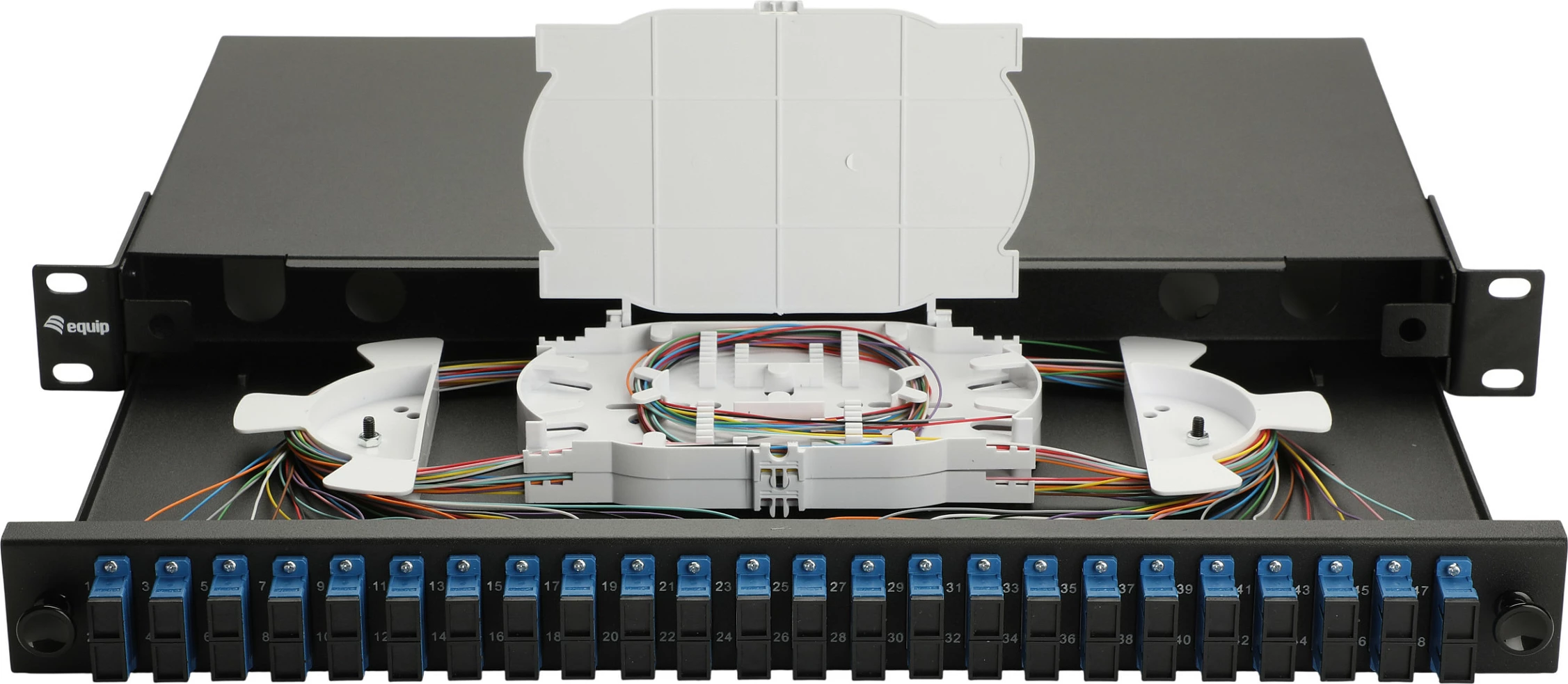 Kuti splice fiber optik Equip 337310, 24-Port SC Duplex, OS2, 1U rack, e zezë