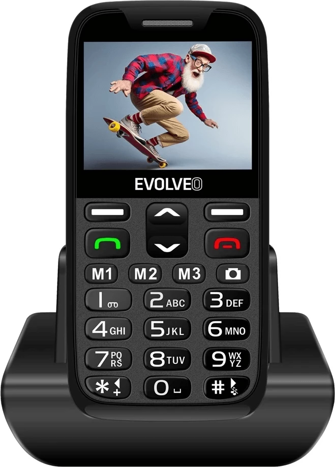 Telefon me butona EVOLVEO Easyphone XR (MPN 20147), ekran me ngjyra, tastiera e madhe, buton SOS, USB-C, stacion karikimi, i zi, set